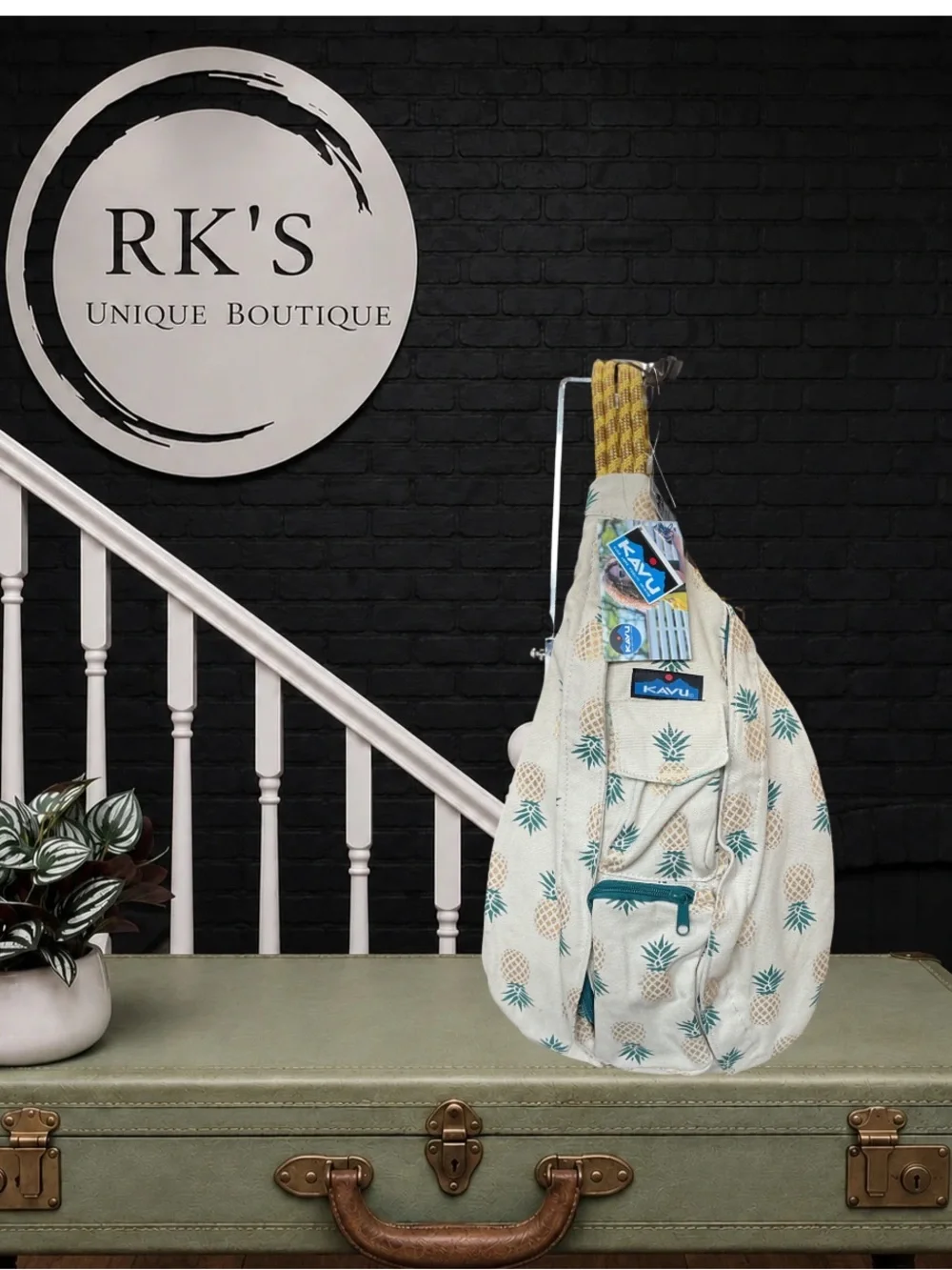 Kavu Cream Sling Bag with Teal Pineapple Print